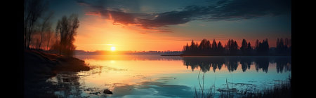 Panoramic image of the sunset on a beautiful lake. Generative AIの素材