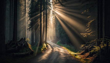 Sunlight and forest in the afternoon. Lonely path through the trees. Generative AIの素材