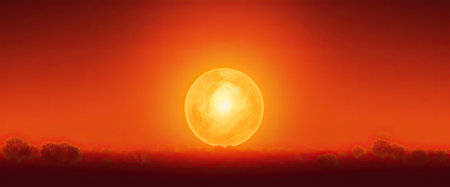 Hot sunset with a red sun on the background. Generative AIの素材
