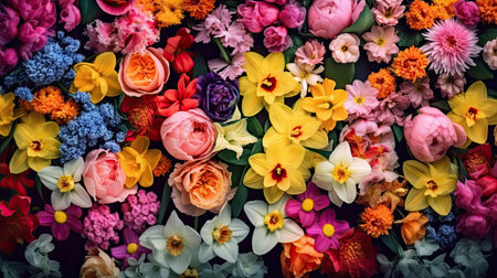 Colorful landscape full of flowers for the arrival of spring. Generative AIの素材