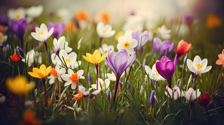 Colorful landscape full of flowers for the arrival of spring. Generative AIの素材