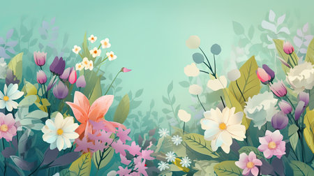 Colorful landscape full of flowers for the arrival of spring. Generative AIの素材