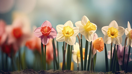 Colorful landscape full of flowers for the arrival of spring. Generative AIの素材