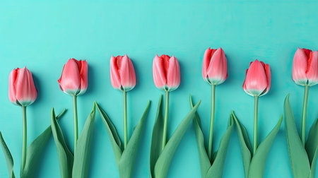 Tulips border with copy space on a colored background. Frame composition of spring flowers. Generative AIの素材