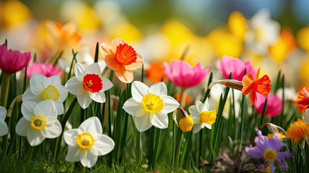 Colorful landscape full of flowers for the arrival of spring. Generative AIの素材