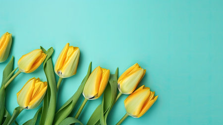 Tulips border with copy space on a colored background. Frame composition of spring flowers. Generative AIの素材