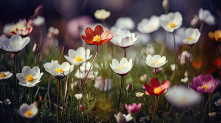 Colorful landscape full of flowers for the arrival of spring. Generative AIの素材