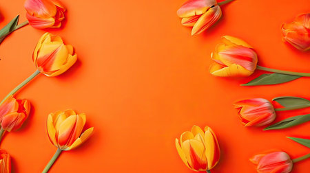 Tulips border with copy space on a colored background. Frame composition of spring flowers. Generative AIの素材