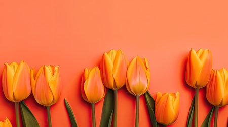 Tulips border with copy space on a colored background. Frame composition of spring flowers. Generative AIの素材