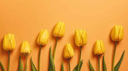 Tulips border with copy space on a colored background. Frame composition of spring flowers. Generative AIの素材