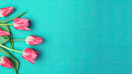 Tulips border with copy space on a colored background. Frame composition of spring flowers. Generative AIの素材