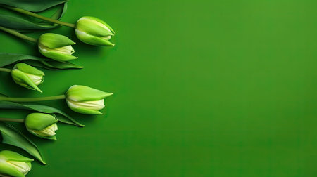 Tulips border with copy space on a colored background. Frame composition of spring flowers. Generative AIの素材
