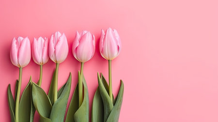 Tulips border with copy space on a colored background. Frame composition of spring flowers. Generative AIの素材