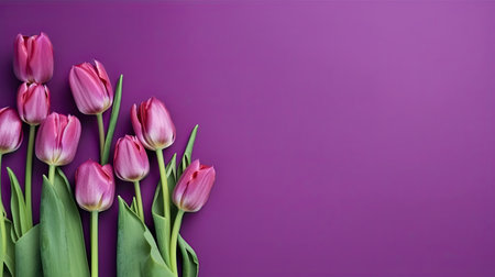 Tulips border with copy space on a colored background. Frame composition of spring flowers. Generative AIの素材