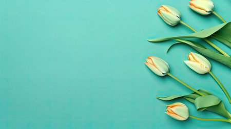 Tulips border with copy space on a colored background. Frame composition of spring flowers. Generative AIの素材