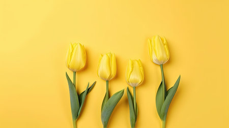 Tulips border with copy space on a colored background. Frame composition of spring flowers. Generative AIの素材