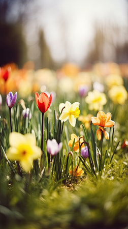 Colorful landscape full of flowers for the arrival of spring. Generative AIの素材