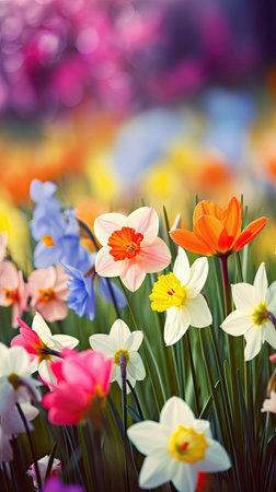 Colorful landscape full of flowers for the arrival of spring. Generative AIの素材
