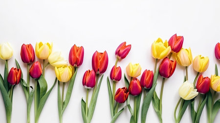 Tulips border with copy space on a white background. Frame composition of spring flowers. Generative AIの素材
