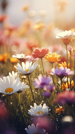 Colorful landscape full of flowers for the arrival of spring. Generative AIの素材