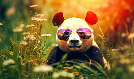 Funny panda bear with sunglasses in the nature. Generative AIの素材