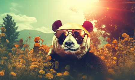 Funny panda bear with sunglasses in the nature. Generative AIの素材
