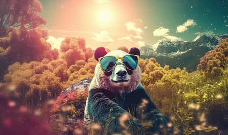 Funny panda bear with sunglasses in the nature. Generative AIの素材