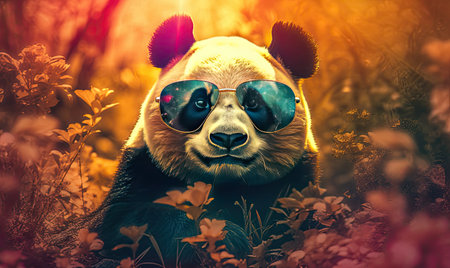 Funny panda bear with sunglasses in the nature. Generative AIの素材