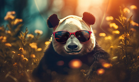 Funny panda bear with sunglasses in the nature. Generative AIの素材