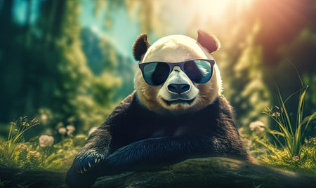 Funny panda bear with sunglasses in the nature. Generative AIの素材