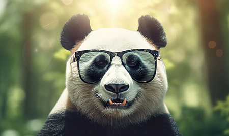 Funny panda bear with sunglasses in the nature. Generative AIの素材