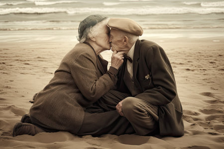 Elderly couple embracing and kissing on beach, depicted in photorealistic pastiche, reflecting golden age charm by generative AIの素材