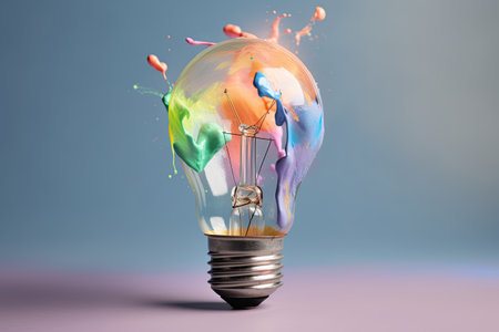 Colorful bulb lamp. Light bulb with colorful paint and splashes isolated on a colored background. Generative AIの素材