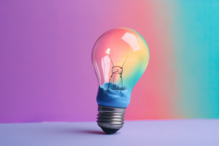 Colorful bulb lamp. Light bulb with colorful paint and splashes isolated on a colored background. Generative AIの素材