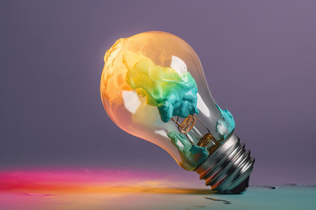 Colorful bulb lamp. Light bulb with colorful paint and splashes isolated on a colored background. Generative AIの素材