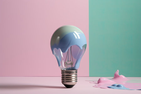 Colorful bulb lamp. Light bulb with colorful paint and splashes isolated on a colored background. Generative AIの素材