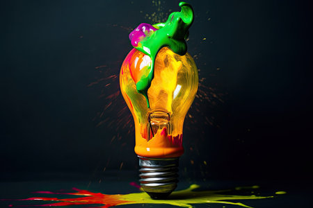 Colorful bulb lamp. Light bulb with colorful paint and splashes isolated on a dark background. Generative AIの素材