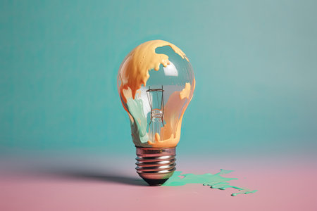 Colorful bulb lamp. Light bulb with colorful paint and splashes isolated on a colored background. Generative AIの素材