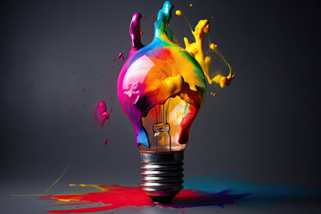 Colorful bulb lamp. Light bulb with colorful paint and splashes isolated on a dark background. Generative AIの素材