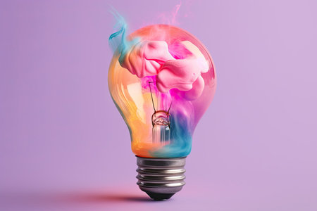Colorful bulb lamp. Light bulb with colorful paint and splashes isolated on a colored background. Generative AIの素材