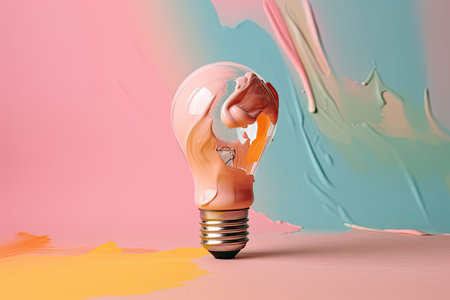Colorful bulb lamp. Light bulb with colorful paint and splashes isolated on a colored background. Generative AIの素材