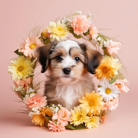 Funny little dog with a colorful flower crown. Generative AIの素材