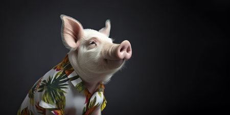 Pig wearing a flower print shirt, in the style of photorealistic portraits, tropical symbolism with a dark background by generative AIの素材