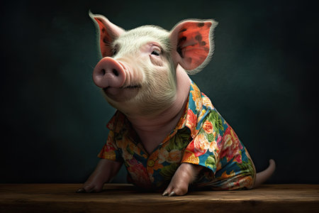 Pig wearing a flower print shirt, in the style of photorealistic portraits, tropical symbolism with a dark background by generative AIの素材