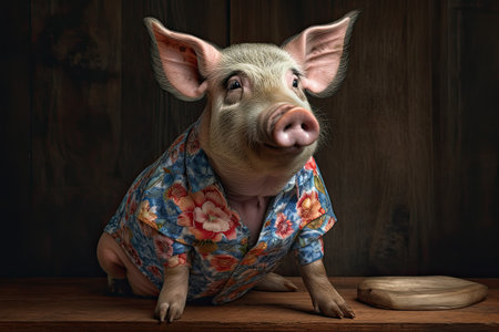 Pig wearing a flower print shirt, in the style of photorealistic portraits, tropical symbolism with a dark background by generative AIの素材