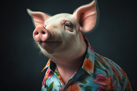 Pig wearing a flower print shirt, in the style of photorealistic portraits, tropical symbolism with a dark background by generative AIの素材