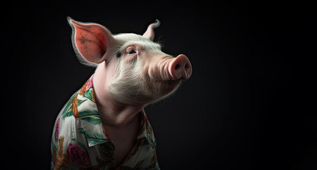 Pig wearing a flower print shirt, in the style of photorealistic portraits, tropical symbolism with a dark background by generative AIの素材
