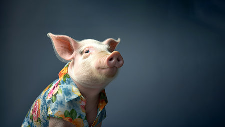 Pig wearing a flower print shirt, in the style of photorealistic portraits, tropical symbolism with a dark background by generative AIの素材