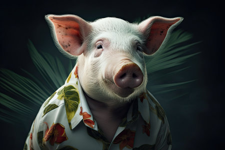 Pig wearing a flower print shirt, in the style of photorealistic portraits, tropical symbolism with a dark background by generative AIの素材