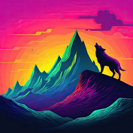 Colorful drawing of a howling wolf with the moon on the background. Generative AIの素材